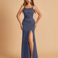 Satin Mermaid Long Bridesmaid Dresses Spaghetti Straps Scoop Side Slit Criss-cross Back