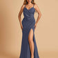 Sexy Satin Sheath Bridesmaid Dresses Spaghetti Straps V-neck Side Slit Floor Length
