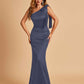 Sexy Satin One Shoulder Bridesmaid Dresses Long Zipper Side Floor Length Sheath