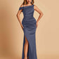 Unique Satin One Shoulder Bridesmaid Dresses Side Slit Half Open Back Floor Length