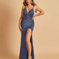 Sexy Satin Spaghetti Straps Prom Dresses V-neck Side Slit Pleats Floor Length Sheath