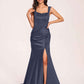 Sexy Satin Square Mermaid Bridesmaid Dresses Pleats Side-Slit Floor-Length Sleeveless