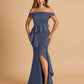 Satin Mermaid Off Shoulder Bridesmaid Dresses With Ruffles Side Slit Floor Length