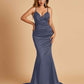 Satin Mermaid V-neck Prom Dresses Spaghetti Straps Floor Length