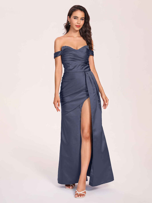 Elegant Satin Off Shoulder Bridesmaid Dresses Side-slit Sweetheart Floor Length Sheath