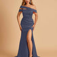 Unique Satin Mermaid Prom Dresses With Off Shoulder Straps Side Slit Floor Length