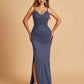 Satin Mermaid Long Prom Dresses Spaghetti Straps V-neck Side Slit Floor Length
