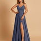 Satin A-line Long Prom Dresses Spaghetti Straps V-neck Side Slit Floor Length