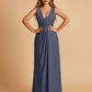 Sexy Satin Deep V-neck Long Bridesmaid Dresses A-line Pleats Sleeveless Floor Length