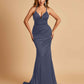 Satin Mermaid Open-back Prom Dresses Spaghetti Straps V-neck With Pleats Floor Length