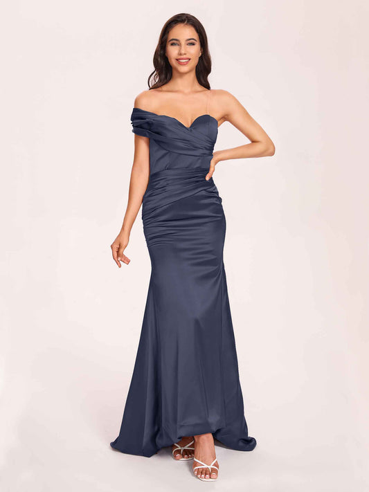 Satin One-shoulder Bridesmaid Dresses Pleats Floor Length Mermaid Long