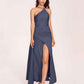 Sexy Satin Halter Strap Sheath Prom Dresses Side Slit Pleats Floor Length
