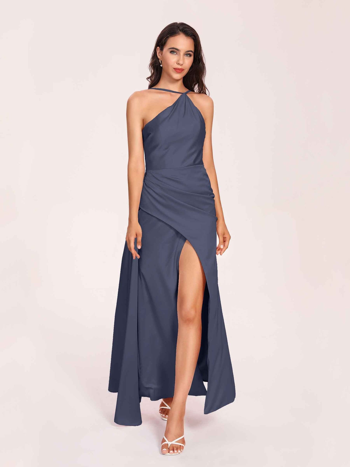 Sexy Satin Halter Strap Sheath Prom Dresses Side Slit Pleats Floor Length
