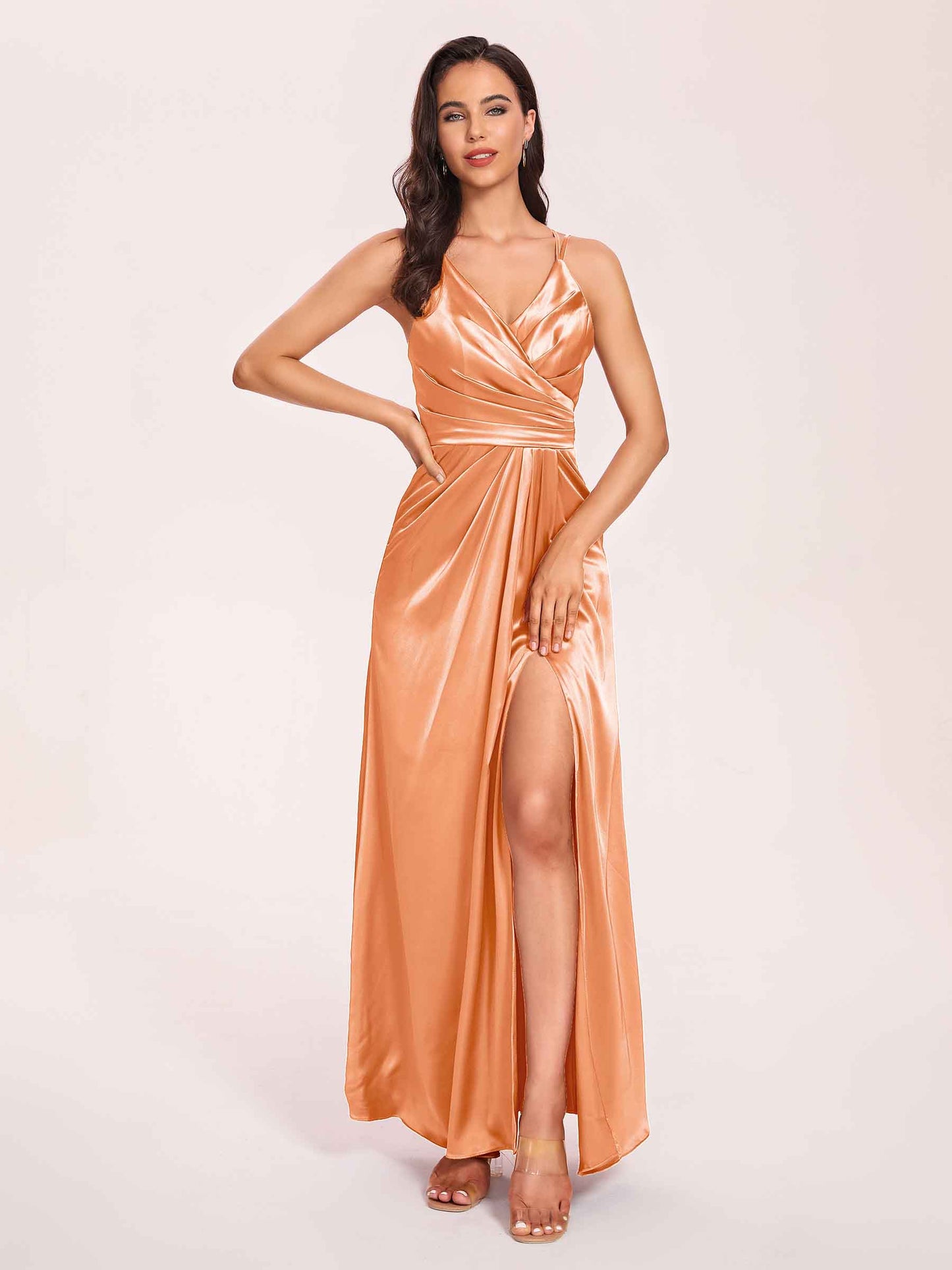 Sexy Satin A-line Bridesmaid Dresses Spaghetti Straps Side Slit V-neck Floor Length