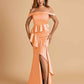 Satin Mermaid Off Shoulder Bridesmaid Dresses With Ruffles Side Slit Floor Length