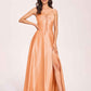 Satin V-neck A-line Prom Dresses Side slit Floor Length