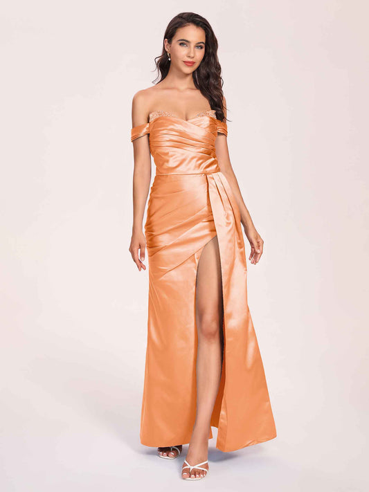 Elegant Satin Off Shoulder Bridesmaid Dresses Side-slit Sweetheart Floor Length Sheath