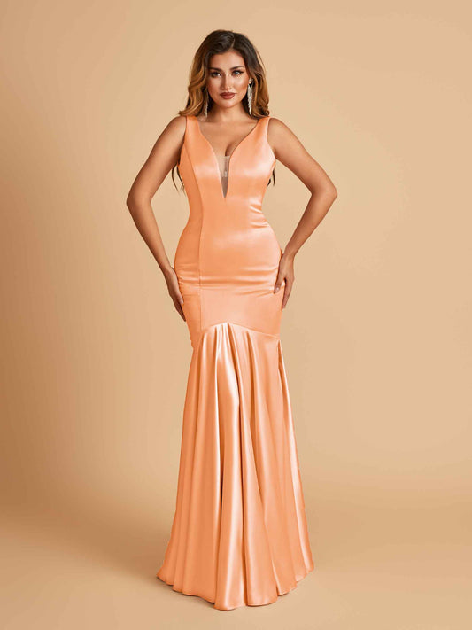 Satin Deep V-neck Mermaid Bridesmaid Dresses Half Open Back Floor Length