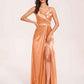 Sexy Satin A-line Prom Dresses Spaghetti Straps Side Slit V-neck Floor Length
