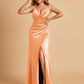 Sexy Satin Sheath Prom Dresses Spaghetti Straps V-neck Side Slit Pleats Floor Length