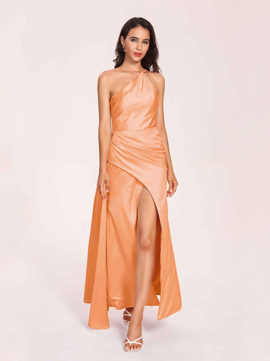 Sexy Satin Halter Strap Sheath Bridesmaid Dresses Side Slit Pleats Floor Length