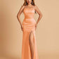 Satin Mermaid Long Bridesmaid Dresses Spaghetti Straps Scoop Side Slit Criss-cross Back