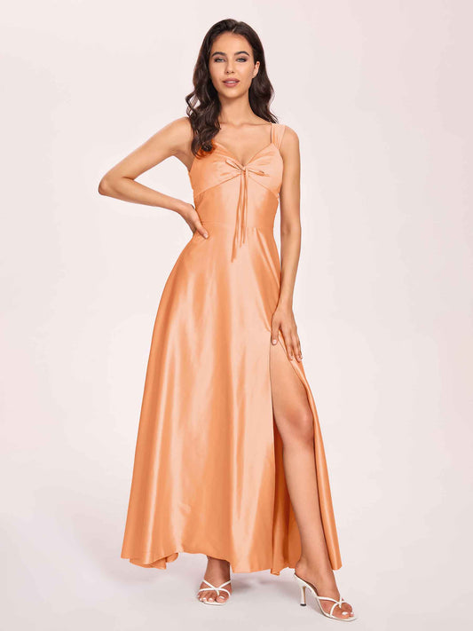 Satin V-neck A-line Bridesmaid Dresses Side slit Floor Length