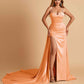 Sexy Satin Sheath Bridesmaid Dresses Spaghetti Straps Sweetheart Side Slit With Train