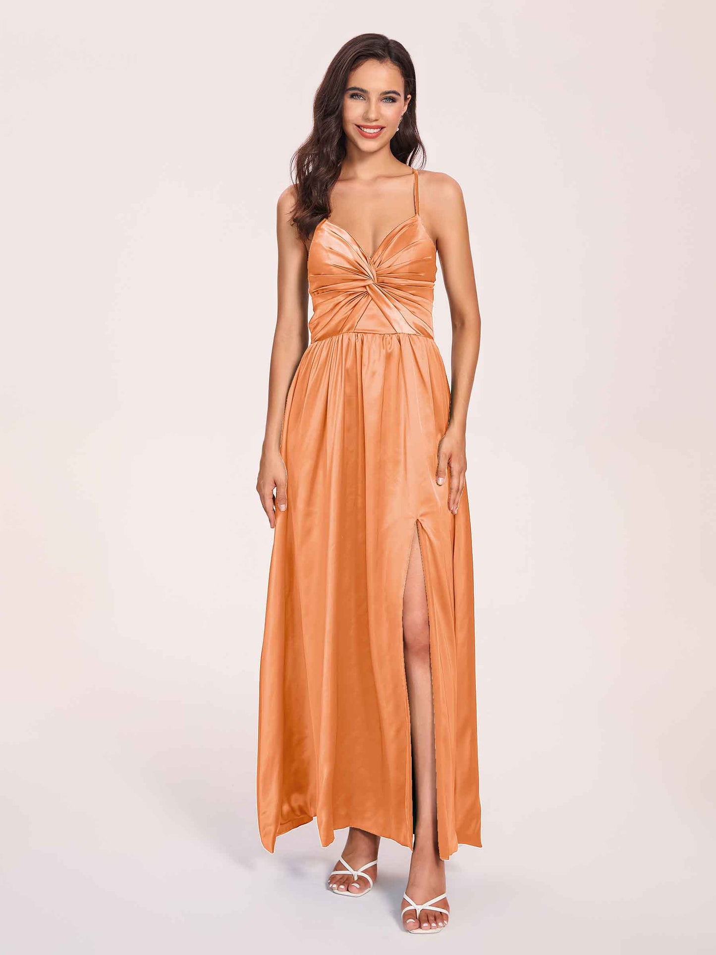 Satin Spaghetti Straps A-line Bridesmaid Dresses Side Slit Floor Length