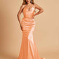 Sexy Satin Mermaid Prom Dresses Spaghetti Straps V-neck Pleats Floor Length