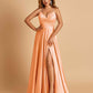 Satin A-line Long Prom Dresses Spaghetti Straps V-neck Side Slit Floor Length