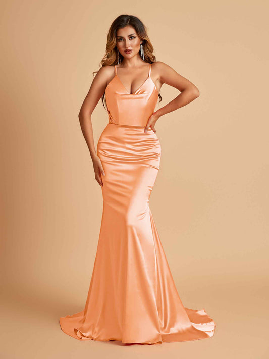 Sexy Satin Mermaid Bridesmaid Dresses Spaghetti Straps V-neck Pleats Floor Length