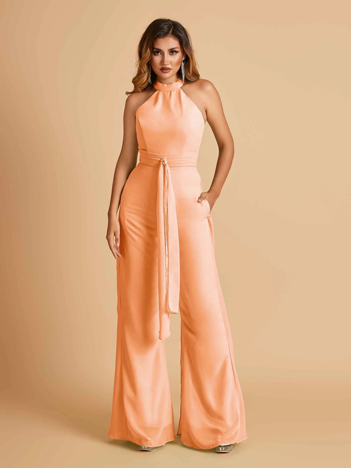 Chiffon Bridesmaid Jumpsuit Jewel Neck Sleeveless Floor Length With Pockets For Sale