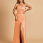 Satin One Shoulder Sheath Prom Dresses Spaghetti Straps Side Slit Floor Length