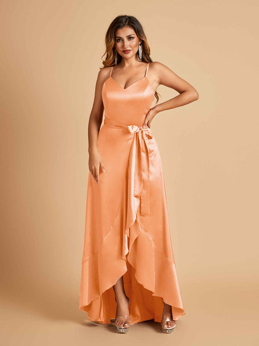 Satin Asymmetric V-neck Bridesmaid Dresses Sleeveless Side Slit A-line Unique