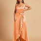 Satin Asymmetric V-neck Bridesmaid Dresses Sleeveless Side Slit A-line Unique For Sale