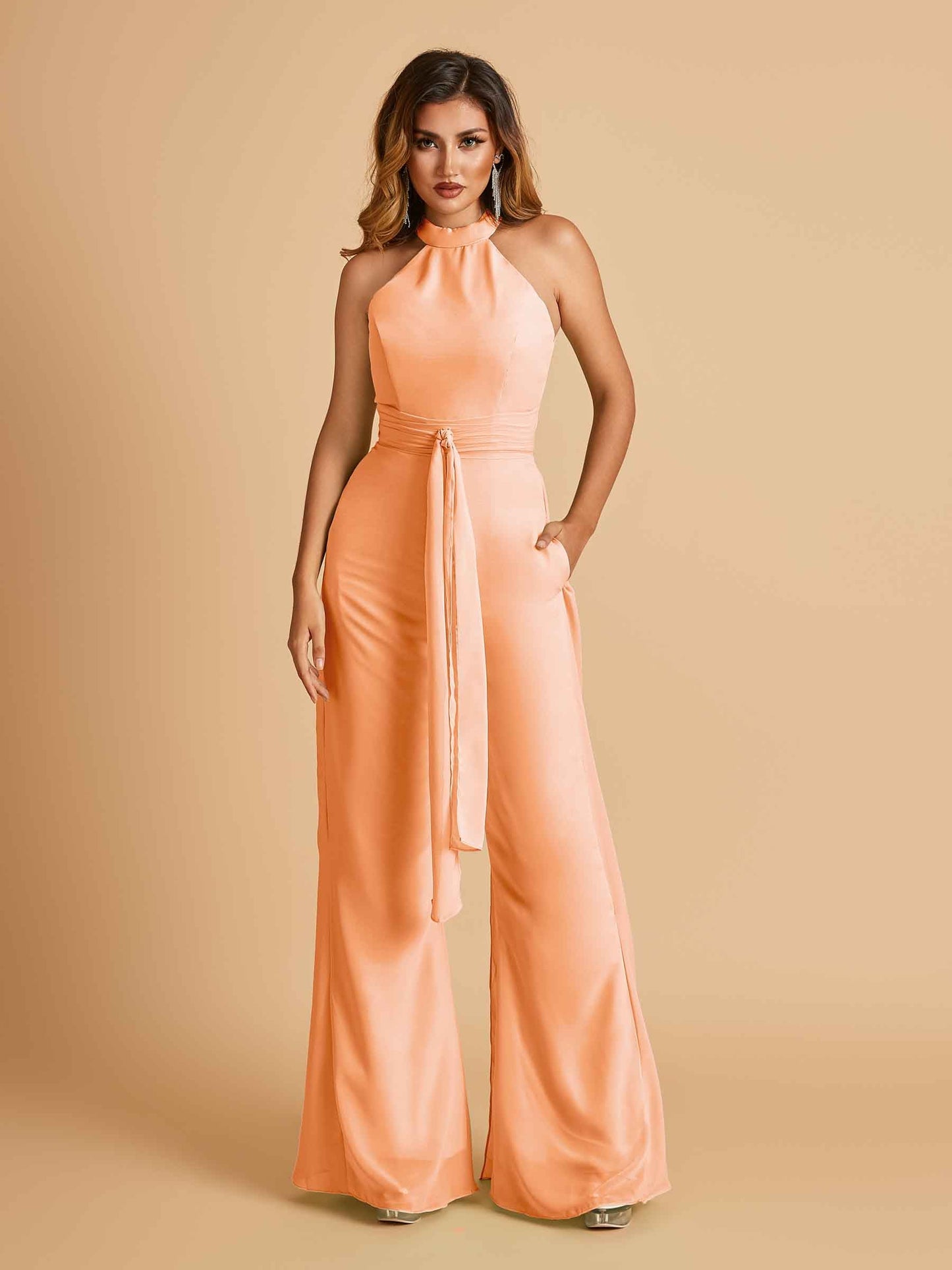Chiffon Prom Jumpsuit Jewel Neck Sleeveless Floor Length With Pockets