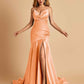 Sexy Satin Mermaid Open Back Prom Dresses Spaghetti Straps V-neck Side Slit
