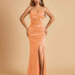 Sexy Satin Mermaid Bridesmaid Dresses Spaghetti Straps V-neck Side Slit Floor Length