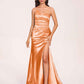 Satin One-shoulder Mermaid Prom Dresses Side Slit Pleats Floor Length