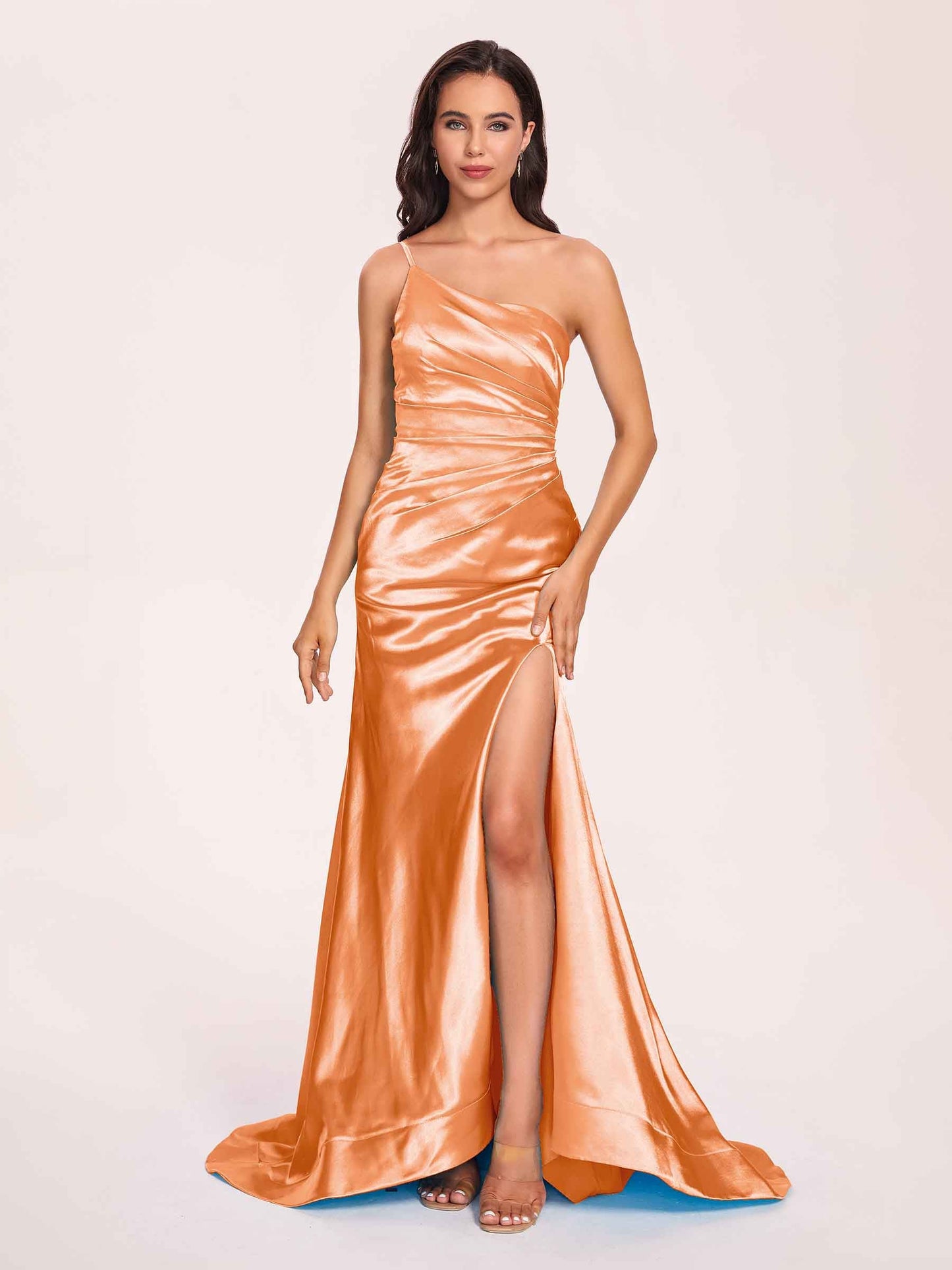Satin One-shoulder Mermaid Prom Dresses Side Slit Pleats Floor Length