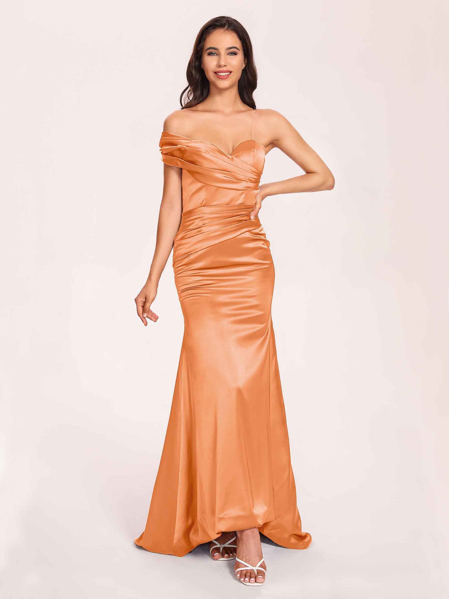 Satin One-shoulder Bridesmaid Dresses Pleats Floor Length Mermaid Long