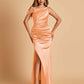Unique Satin One Shoulder Prom Dresses Side Slit Half Open Back Floor Length