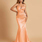 Satin Mermaid V-neck Prom Dresses Spaghetti Straps Floor Length