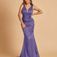 Sexy Satin Criss-cross Back Bridesmaid Dresses Mermaid Deep V-neck Back Pleats Floor Length