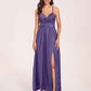 Satin Spaghetti Straps A-line Bridesmaid Dresses Side Slit Floor Length