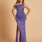 Unique Satin One Shoulder Prom Dresses Side Slit Half Open Back Floor Length