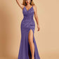 Sexy Satin Mermaid Prom Dresses Spaghetti Straps V-neck Side Slit Half Open Back