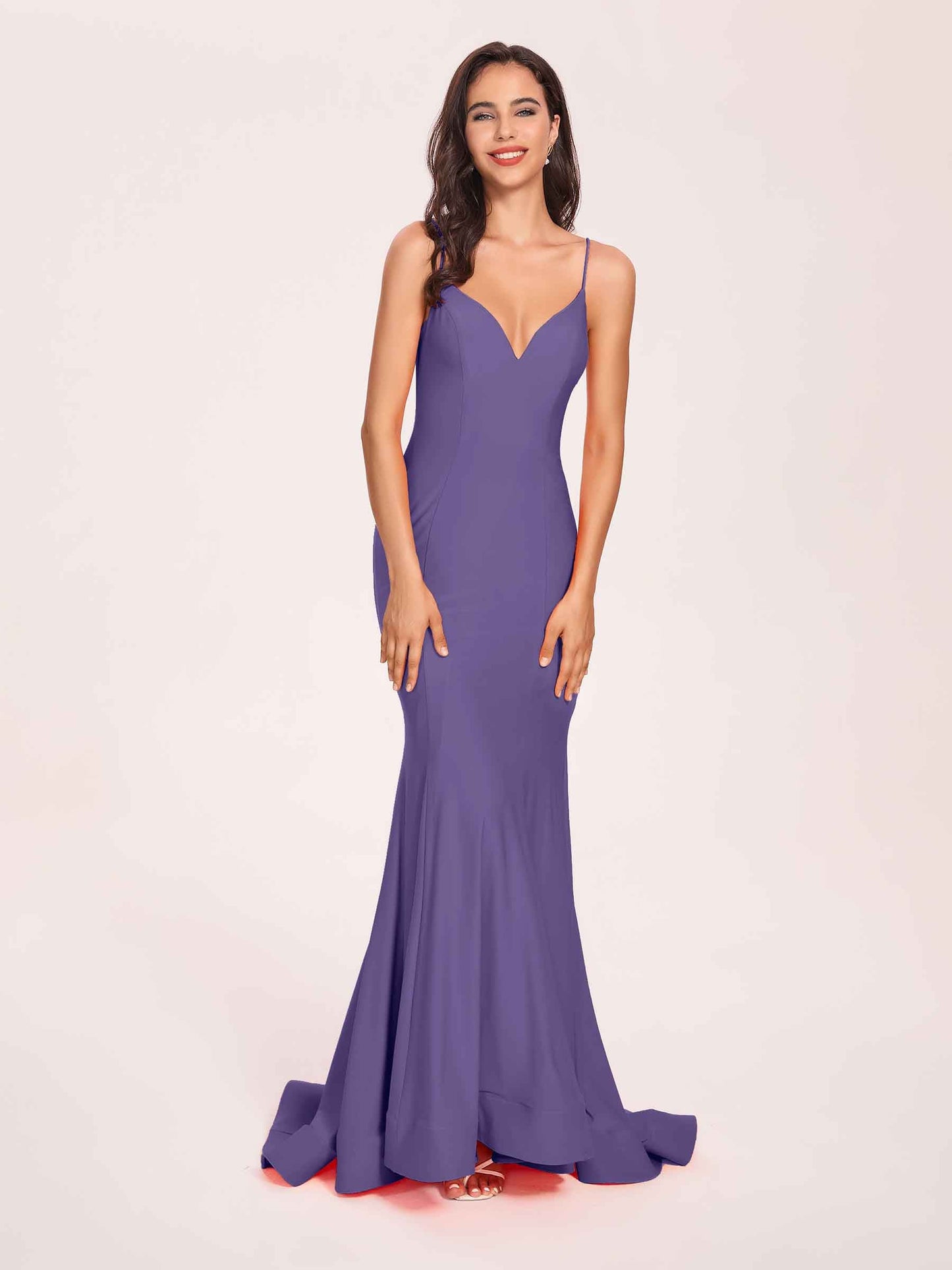 Sexy Satin Mermaid Prom Dresses Spaghetti Straps V-neck Floor Length Lace-up Back