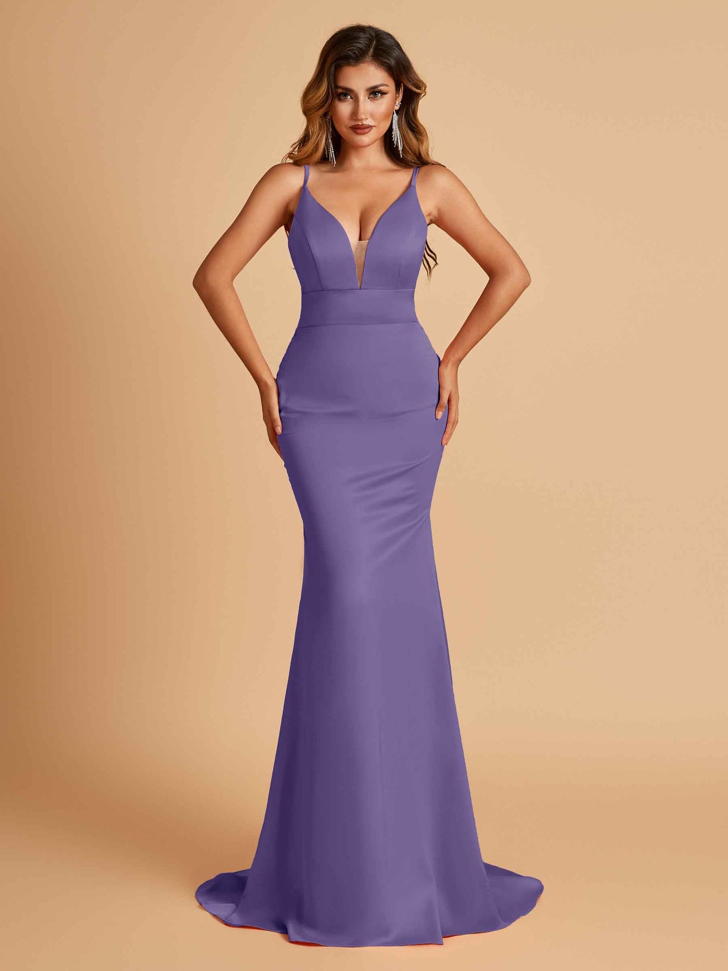 Satin Deep V-neck Mermaid Prom Dresses Open Back Floor Length